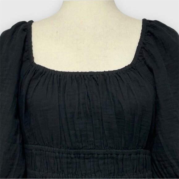 GAP Puff Sleeve Smocked Mini Dress Size L Black Scoop Neck Cotton Gauze Pockets - Picture 3 of 7